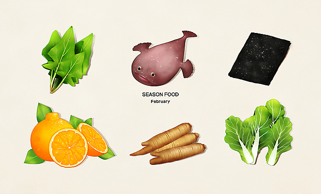 PSD 한마리 일러스트 식재료 사람없음 김 시금치 한라봉 2월 더덕 아귀 봄동 제철음식 국내일러스트 1 음식 채소 과일 수중동물 날짜 해조류 제철 파일형식