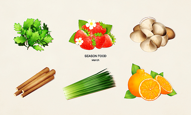 PSD 여러마리 일러스트 식재료 딸기 사람없음 3월 부추 한라봉 바지락 쑥 우엉 제철음식 국내일러스트 음식 다수 채소 과일 조개 날짜 제철 파일형식