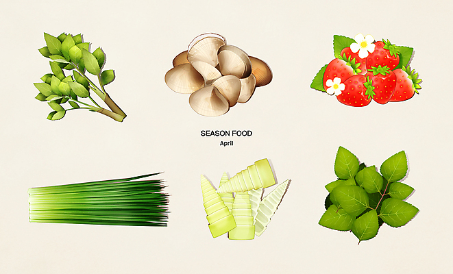 PSD 여러마리 일러스트 식재료 딸기 사람없음 4월 부추 죽순 두릅 바지락 취나물 제철음식 국내일러스트 음식 다수 채소 과일 조개 날짜 나물 제철 파일형식