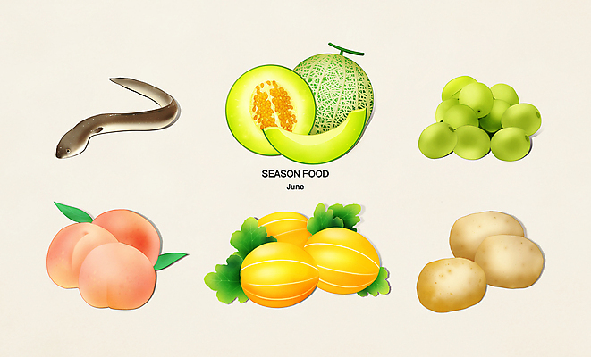 PSD 한마리 일러스트 식재료 감자 사람없음 멜론 6월 장어 복숭아 참외 매실 제철음식 국내일러스트 1 음식 채소 과일 어류 날짜 제철 파일형식