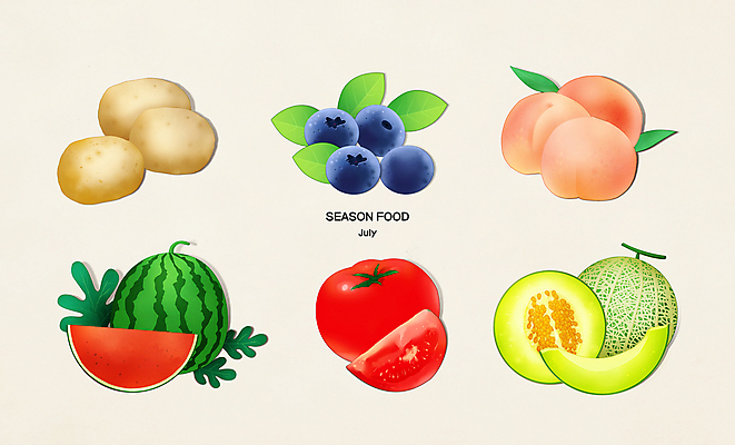 PSD 토마토 일러스트 식재료 수박 감자 사람없음 멜론 블루베리 복숭아 7월 제철음식 국내일러스트 음식 채소 과일 날짜 제철 파일형식