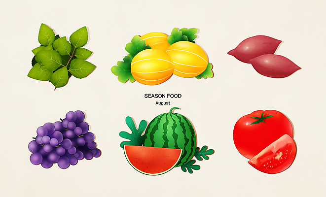PSD 토마토 일러스트 식재료 포도 수박 사람없음 고구마 참외 8월 취나물 제철음식 국내일러스트 음식 채소 과일 뿌리채소 날짜 나물 제철 파일형식