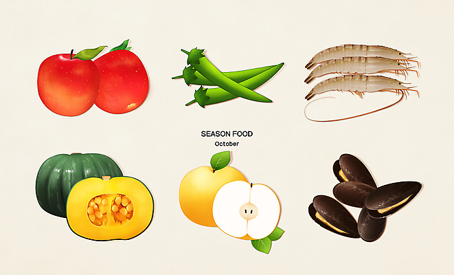 PSD 여러마리 일러스트 식재료 고추 새우 사람없음 배 사과 홍합 단호박 10월 제철음식 국내일러스트 음식 다수 채소 과일 호박 어패류 갑각류 날짜 제철 파일형식