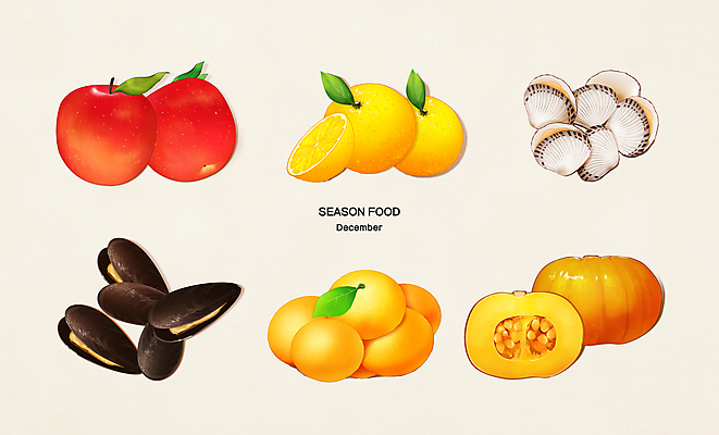 PSD 일러스트 식재료 귤 사람없음 사과 12월 홍합 늙은호박 꼬막 유자 제철음식 국내일러스트 음식 과일 호박 어패류 날짜 제철 파일형식