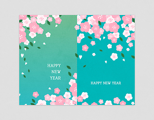 분홍색 꽃무늬 일러스트 나뭇잎 새해 사람없음 벚꽃 새해인사 연하장 청록색 해피뉴이어 2022년 임인년 국내일러스트 AI파일 꽃 컬러 잎 무늬 카드_감사 인사 연도 파일형식 벡터