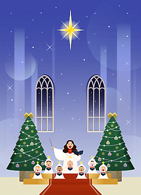 전신 여자 남자 행복 별 어린이 크리스마스 일러스트 들기 소녀 소년 여러명 성인 파란색 크리스마스트리 교회 눈 찬송가 악보 예배 지휘봉 합창 성가대 홀리데이 국내일러스트 AI파일 자연요소 기념일 감정 기독교 음악 컬러 다수 노래 종교건축 모션 날씨 휴가 사람 건물 파일형식 벡터