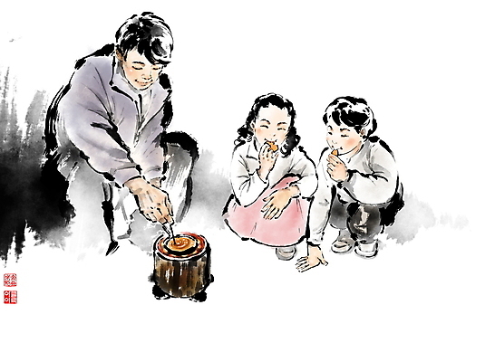 전신 PSD 여자 남자 어린이 일러스트 캘리그라피 놀이 붓터치 들기 앉기 소녀 소년 성인 세명 친구 달콤 추억 먹기 구경 국자 만들기 번짐 군것질 낙관 연탄 나무젓가락 웅크림 달고나 연탄불 옛날 국내일러스트 컨셉 젓가락 관계 모션 주방용품 디저트 사람 맛 파일형식 효과