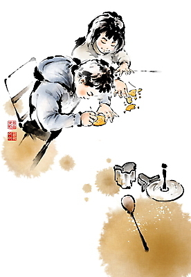 PSD 여자 남자 어린이 의자 일러스트 캘리그라피 놀이 붓터치 들기 앉기 소녀 소년 상반신 두명 친구 숟가락 손상 바늘 추억 집중 번짐 낙관 쿠키틀 달고나 뽑기 옛날 호떡누르개 어린이만 국내일러스트 가구 컨셉 관계 모션 주방용품 수저 사람 도구 제빵도구 파일형식 효과