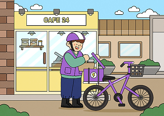 전신 PSD 구름 남자 커피 일러스트 한명 서기 들기 성인 자전거 카페 풀 배달원 헬멧 배송 택배 넣기 성인남자한명만 원두봉투 커피캐리어 국내일러스트 자연요소 식물 직업 1 음료 모션 봉투 사람 상점 바이크 운송업 보호장비 테이크아웃 남자한명만 성인남자만 파일형식