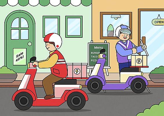 전신 PSD 남자 화분 일러스트 창문 들기 성인 두명 문 상점 운전 오토바이 잡기 배달원 승차 헬멧 입간판 포장용기 성인남자만 국내일러스트 직업 모션 간판 사람 바이크 보호장비 포장재료 남자만 성인만 파일형식