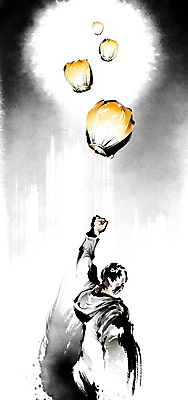 PSD 남자 일러스트 캘리그라피 밤하늘 붓터치 한명 상반신 성인 손들기 파이팅 희망 주먹 비행 야간 동양화 번짐 소원 염원 풍등 힘찬 성인남자한명만 국내일러스트 자연요소 1 감정 컨셉 모션 하늘 조명 미술 사람 남자한명만 성인남자만 파일형식 효과