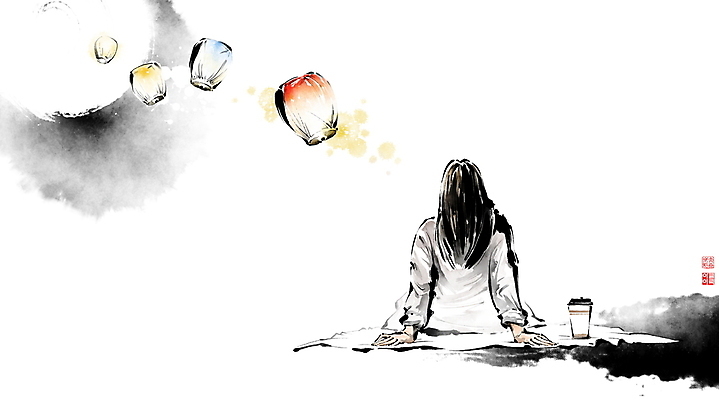 PSD 응시 여자 커피 일러스트 캘리그라피 밤하늘 붓터치 한명 앉기 상반신 성인 빛 희망 보름달 저녁 동양화 돗자리 번짐 소원 낙관 염원 테이크아웃컵 풍등 성인여자한명만 달무리 국내일러스트 1 시선 감정 음료 모션 하늘 조명 미술 사람 컵 달 야간 여자한명만 성인여자만 파일형식 효과