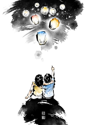 PSD 여자 남자 어린이 일러스트 캘리그라피 밤하늘 어깨동무 붓터치 남매 소녀 소년 상반신 두명 빛 희망 다정 올려보기 가리킴 저녁 동양화 언덕 번짐 여동생 소원 낙관 염원 오빠 풍등 어린이만 국내일러스트 감정 포즈 컨셉 가족 모션 하늘 조명 미술 사람 손짓 야간 동생 파일형식 효과