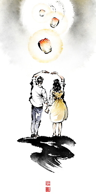 전신 PSD 부부 여자 남자 일러스트 캘리그라피 밤하늘 남편 붓터치 그림자 서기 성인 두명 빛 손잡기 희망 보름달 아내 저녁 동양화 번짐 연애 소원 낙관 손하트 염원 풍등 성인만 국내일러스트 커플 감정 모션 하늘 조명 미술 사람 손짓 달 야간 파일형식 효과