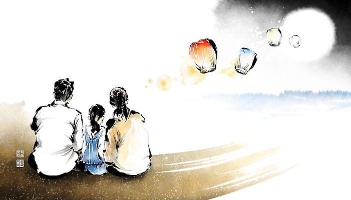 PSD 응시 여자 남자 딸 어린이 일러스트 캘리그라피 가족 밤하늘 엄마 붓터치 사람 앉기 소녀 상반신 성인 해변 세명 빛 희망 보름달 아빠 저녁 동양화 구경 번짐 소원 낙관 밤바다 염원 풍등 국내일러스트 시선 감정 바다 관계 모션 하늘 조명 미술 달 야간 파일형식 효과