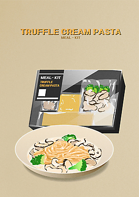 일러스트 식재료 포장 타이포그라피 사람없음 버섯 브로콜리 패키지 크림스파게티 편리함 진공 크림소스 크림소스파스타 파스타면 간편조리식품 밀키트 국내일러스트 AI파일 문자 음식 컨셉 채소 파스타 스파게티 면류 소스_음식 파일형식 벡터