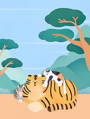 PSD 엎드리기 일러스트 하늘 휴식 산 함께함 세마리 풍경 사람없음 야외 눕기 고양이 소나무 호랑이띠 호랑이 승차 호랑이캐릭터 2022년 임인년 국내일러스트 나무 동물캐릭터 컨셉 포유류 모션 3 반려동물 십이지신 연도 파일형식