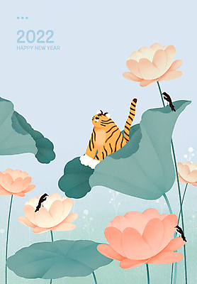 PSD 하늘색 여러마리 일러스트 휴식 새해 함께함 연꽃 앉기 타이포그라피 사람없음 호랑이띠 호랑이 즐거움 연잎 호랑이캐릭터 까치 2022년 임인년 국내일러스트 문자 꽃 감정 동물캐릭터 다수 컨셉 잎 포유류 모션 조류 파란색 십이지신 연도 파일형식