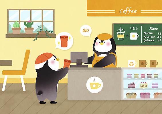 PSD 말풍선 두마리 일러스트 디저트 들기 사람없음 세일 케이크 자연보호 카페 머그컵 계산 종업원 직원 주기 에코 친환경 펭귄 메뉴판 텀블러 테이크아웃컵 국내일러스트 직업 음식 2 모션 자연 조류 컵 환경 상점 보호 파일형식