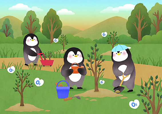 PSD 나무 일러스트 산 세마리 들기 사람없음 초록색 자연보호 수레 물뿌리개 하트 봉사 삽 식목일 에코 친환경 펭귄 나무심기 산소 삽질 국내일러스트 모양 식물 기념일 컬러 모션 자연 조류 3 환경 카트 도움 원소 보호 심기 파일형식