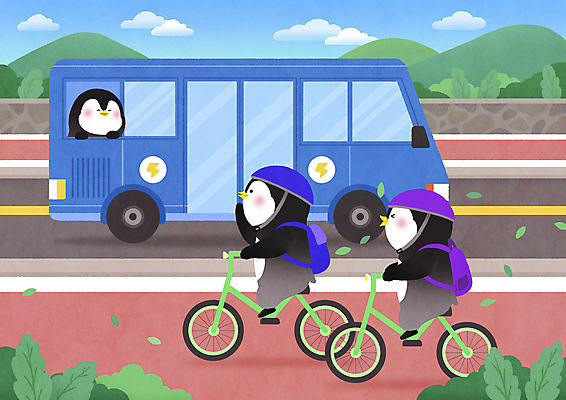 PSD 응시 도로 일러스트 나뭇잎 버스 대중교통 세마리 사람없음 자연보호 자전거 승차 헬멧 에코 친환경 펭귄 손인사 전기자동차 친환경자동차 국내일러스트 시선 길 육상교통 교통수단 잎 교통시설 모션 자동차 자연 조류 3 환경 바이크 인사 보호 보호장비 파일형식