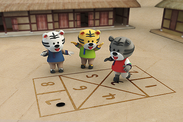 전신 PSD 편집 편집이미지 3D캐릭터 초가집 세마리 서기 사람없음 3D 전통놀이 조약돌 호랑이띠 호랑이 한복 디지털합성 호랑이캐릭터 백호 사방치기 한발서기 편집소스 2022년 임인년 흑호 편집3D 캐릭터 한국전통 전통 동물캐릭터 포유류 모션 놀이 한옥 3 돌_바위 십이지신 전통의상 연도 파일형식 사방신