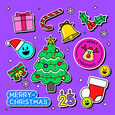 리본 스티커 크리스마스장식 크리스마스 일러스트 초 산타모자 미소 사람없음 선물상자 크리스마스트리 보라색 루돌프 종 눈송이 크리스마스양말 눈꽃무늬 산타양말 크리스마스장식지팡이 호랑가시나무열매 키치 국내일러스트 AI파일 모자_잡화 기념일 열매 컬러 컨셉 무늬 사슴 양말 눈꽃 눈_날씨 표정 선물 상자 파일형식 벡터