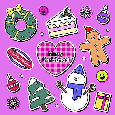 분홍색 스티커 크리스마스장식 크리스마스 일러스트 산타모자 눈사람 크리스마스선물 사람없음 선물상자 크리스마스트리 하트 눈송이 체크무늬 눈꽃무늬 진저맨 크리스마스케이크 오너먼트 크리스마스리스 키치 국내일러스트 AI파일 모양 모자_잡화 기념일 컬러 컨셉 무늬 눈꽃 눈_날씨 선물 상자 케이크 화환 진저쿠키 파일형식 벡터