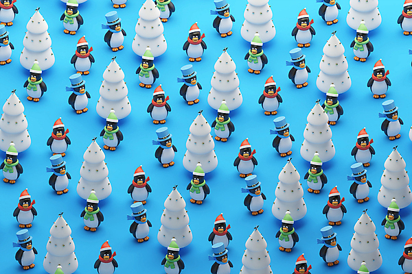 PSD 편집 편집이미지 크리스마스 패턴 여러마리 산타모자 털모자 사람없음 파란색 크리스마스트리 3D 목도리 다양 중절모 디지털합성 펭귄 편집소스 편집3D 모자_잡화 잡화 기념일 컬러 다수 무늬 조류 파일형식