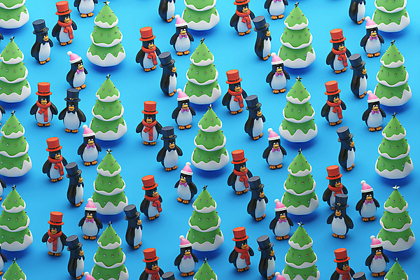 PSD 편집 편집이미지 크리스마스 패턴 여러마리 산타모자 털모자 사람없음 파란색 크리스마스트리 3D 목도리 다양 중절모 디지털합성 펭귄 편집소스 편집3D 모자_잡화 잡화 기념일 컬러 다수 무늬 조류 파일형식