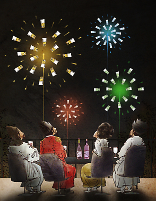 전신 PSD 여자 남자 지폐 돈 와인잔 의자 일러스트 밤하늘 불꽃놀이 앉기 여러명 성인 와인 축제 올려보기 축하 부자 야간 한복 와인병 책상 위인 퇴계이황 율곡이이 세종대왕 신사임당 성인만 국내일러스트 자연요소 한국전통 가구 다수 컨셉 술잔 모션 놀이 하늘 병_용기 주류 사람 재산 전통의상 왕 파일형식