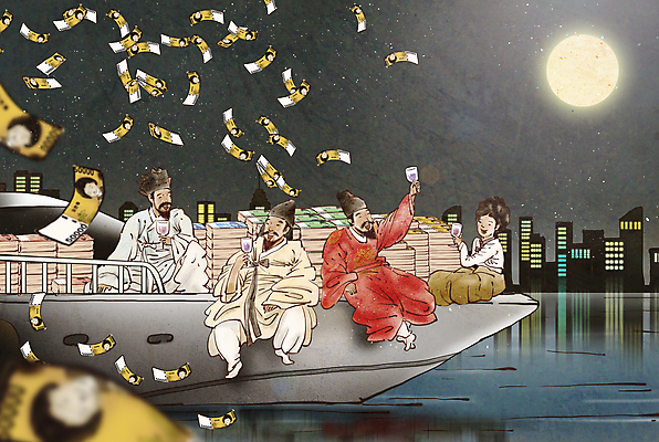 전신 PSD 여자 남자 지폐 돈 요트 야경 와인잔 일러스트 들기 앉기 여러명 성인 건물 쌓기 달 축하 부자 돈다발 한복 건배 위인 퇴계이황 율곡이이 돈더미 밤바다 세종대왕 신사임당 성인만 흩날리기 국내일러스트 자연요소 한국전통 건축물 바다 다수 컨셉 배_교통 술잔 모션 사람 재산 야간 전통의상 왕 파일형식 더미 풍경_경치