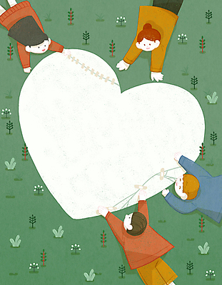 PSD 여자 남자 어린이 일러스트 소녀 소년 잔디 여러명 상반신 초록색 눕기 하트 마음 반창고 균열 수리 힐링 손뻗기 깨짐 붙이기 치유 어린이만 국내일러스트 모양 식물 컬러 다수 컨셉 모션 사람 의료용품 파일형식