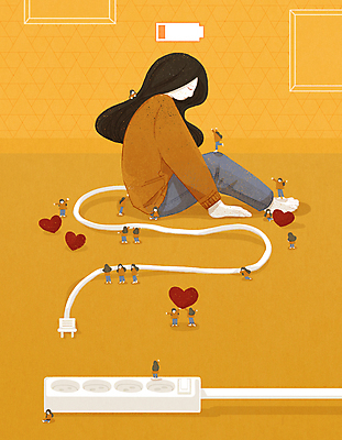 전신 PSD 여자 일러스트 피곤 들기 앉기 여러명 성인 노란색 마음 콘센트 플러그 전기에너지 건전지 힐링 충전 난쟁이 과로 멀티탭 방전 베터리 소인 충전기 치유 성인여자만 번아웃증후군 증후군 국내일러스트 컬러 다수 컨셉 모션 사람 기계 에너지 질병 사회이슈 여자만 성인만 파일형식