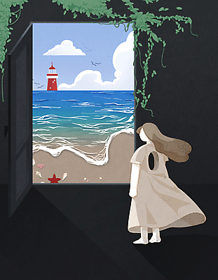 전신 PSD 구름 응시 여자 바다 일러스트 창문 하늘 등대 한명 서기 성인 해변 문 슬픔 마음 구멍 덩굴 힐링 우울감 치유 성인여자한명만 국내일러스트 자연요소 식물 1 시선 감정 모션 사람 여자한명만 성인여자만 파일형식