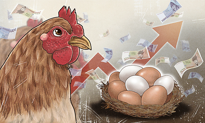 PSD 한마리 화살표 지폐 일러스트 사람없음 계란 닭 둥지 사회이슈 상승 천원 오천원 암탉 폭등 흩날리기 품귀현상 국내일러스트 1 컨셉 돈 모션 조류 알 암컷 파일형식