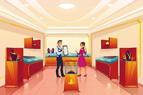 EPS 해외이미지 전신 여자 남자 일러스트 장신구 왕관 실내 들기 손짓 성인 상점 전시 거울 고객 판매원 명품관 유리덮개 성인만 해외일러스트 직업 모션 사람 내부 덮개 파일형식 벡터 이미지허브