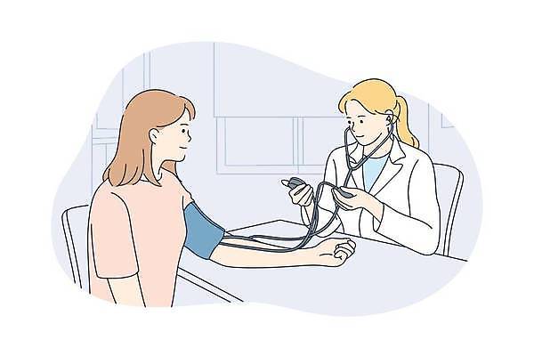 EPS 해외이미지 여자 일러스트 상반신 성인 두명 환자 의사 혈압계 혈압측정 성인여자만 해외일러스트 의학 의료기기 사람 의료진 측정 혈압 여자만 성인만 파일형식 벡터 이미지허브