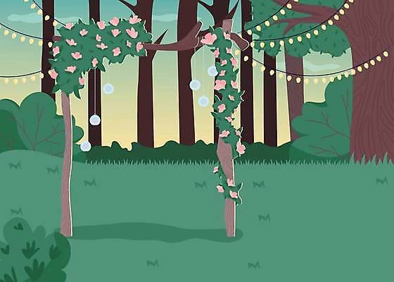 EPS 해외이미지 나무 꽃 결혼 일러스트 결혼식 잔디 사람없음 장식 나뭇가지 숲속 알전구 웨딩아치 해외일러스트 식물 전구 이벤트 숲 결혼소품 파일형식 벡터 이미지허브