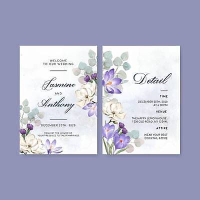 EPS 해외이미지 꽃 결혼 잎 카드템플릿 일러스트 사람없음 보라색 흰색 청첩장 초대장 초대 해외일러스트 식물 템플릿 컬러 카드_감사 이벤트 파일형식 벡터 이미지허브