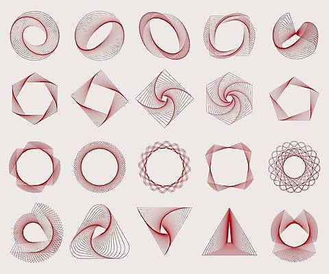 EPS 해외이미지 디자인 곡선 일러스트 추상 사람없음 빨간색 세트 회오리 원형 삼각형 마름모 육각형 겹침 기하학 엘리먼트 역삼각형 오각형 해외일러스트 도형 선 컬러 무늬 파일형식 벡터 이미지허브