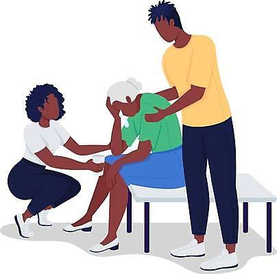 EPS 해외이미지 전신 여자 노년 남자 할머니 일러스트 엄마 서기 앉기 성인 세명 울음 무릎꿇기 위로 얼굴없음 어깨에손 해외일러스트 가족 모션 표정 사람 파일형식 벡터 이미지허브