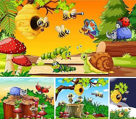 EPS 해외이미지 나무 식물 동물 캐릭터 야생동물 어린이 곤충 일러스트 상상 자연 생물 이야기 가면 사람 야외 초록색 청춘 세트 컬러풀 환경 정원 둥지 작음 만화 벌 수집 달팽이 장면 공상 리빙 벌집 내추럴 가상 환상 시리즈 해외일러스트 일러캐릭터 컬러 컨셉 연체동물 크기 생태계 파일형식 벡터 이미지허브