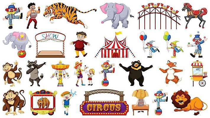 EPS 해외이미지 여자 남자 어린이 여러마리 일러스트 곰 코끼리 소녀 여러명 성인 광대 원숭이 말_동물 호랑이 놀이기구 사자 서커스 천막 너구리 롤러코스터 회전그네 해외일러스트 동물 다수 포유류 사람 파일형식 벡터 이미지허브