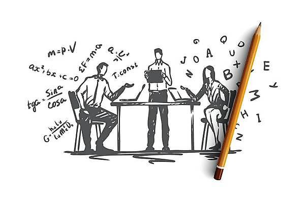 EPS 해외이미지 전신 여자 남자 일러스트 비즈니스 회의 서기 들기 앉기 세명 태블릿 손들기 스케치 책상 손그림 얼굴없음 성인만 해외일러스트 가구 모션 미술 사람 전자제품 스마트기기 파일형식 벡터 이미지허브