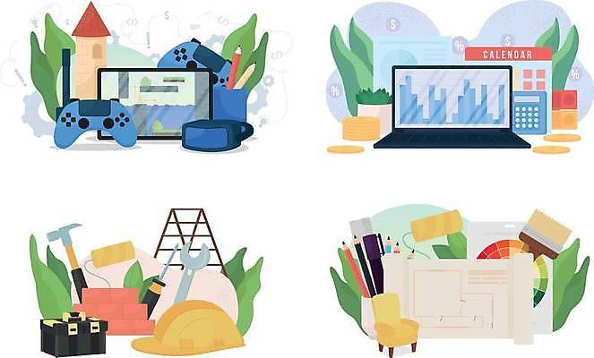 EPS 해외이미지 일러스트 직장 사람없음 금융 노트북 컴퓨터 공구 업무 게임기 만화 보고서 해외일러스트 회사 경제 전자제품 도구 작업 파일형식 벡터 이미지허브