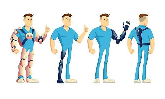 EPS 해외이미지 손 남자 행복 과학 백그라운드 컨셉 신체 일러스트 부분 미래 미소 정장 세트 약 디지털 힘 기계 흰색 장애인 만화 척추 전자 장애 진행 혁명 개발 고립 보철 인공 웨어러블 해외일러스트 옷 감정 컬러 의학 뼈 표정 사람 신체부위 파일형식 벡터 이미지허브