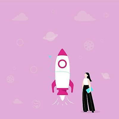 EPS 해외이미지 여자 분홍색 컨셉 일러스트 비즈니스 프레임 한명 들기 성인 행성 로켓 비즈니스우먼 플랫 우주선 얼굴없음 성인여자한명만 카피스페이스 해외일러스트 1 컬러 모션 사람 우주 공백 직장인 여자한명만 성인여자만 파일형식 벡터 이미지허브