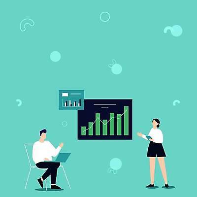 EPS 해외이미지 전신 디자인 여자 남자 일러스트 비즈니스 그래프 서기 앉기 정장 성인 두명 노트북 자료 비즈니스맨 비즈니스우먼 발표 민트색 얼굴없음 성인만 카피스페이스 해외일러스트 옷 컬러 모션 사람 전자제품 공백 직장인 파일형식 벡터 이미지허브