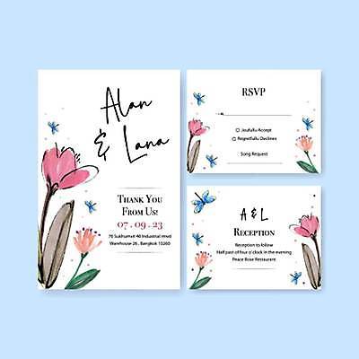 EPS 해외이미지 손글씨 꽃 나비 일러스트 수채화 사람없음 흰색 분위기 청첩장 손그림 감성 해외일러스트 식물 컬러 곤충 컨셉 카드_감사 파일형식 벡터 이미지허브